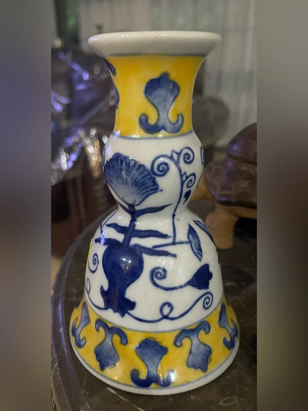 Yellow and Blue Porcelain Gourd Vase - Decorative Accent